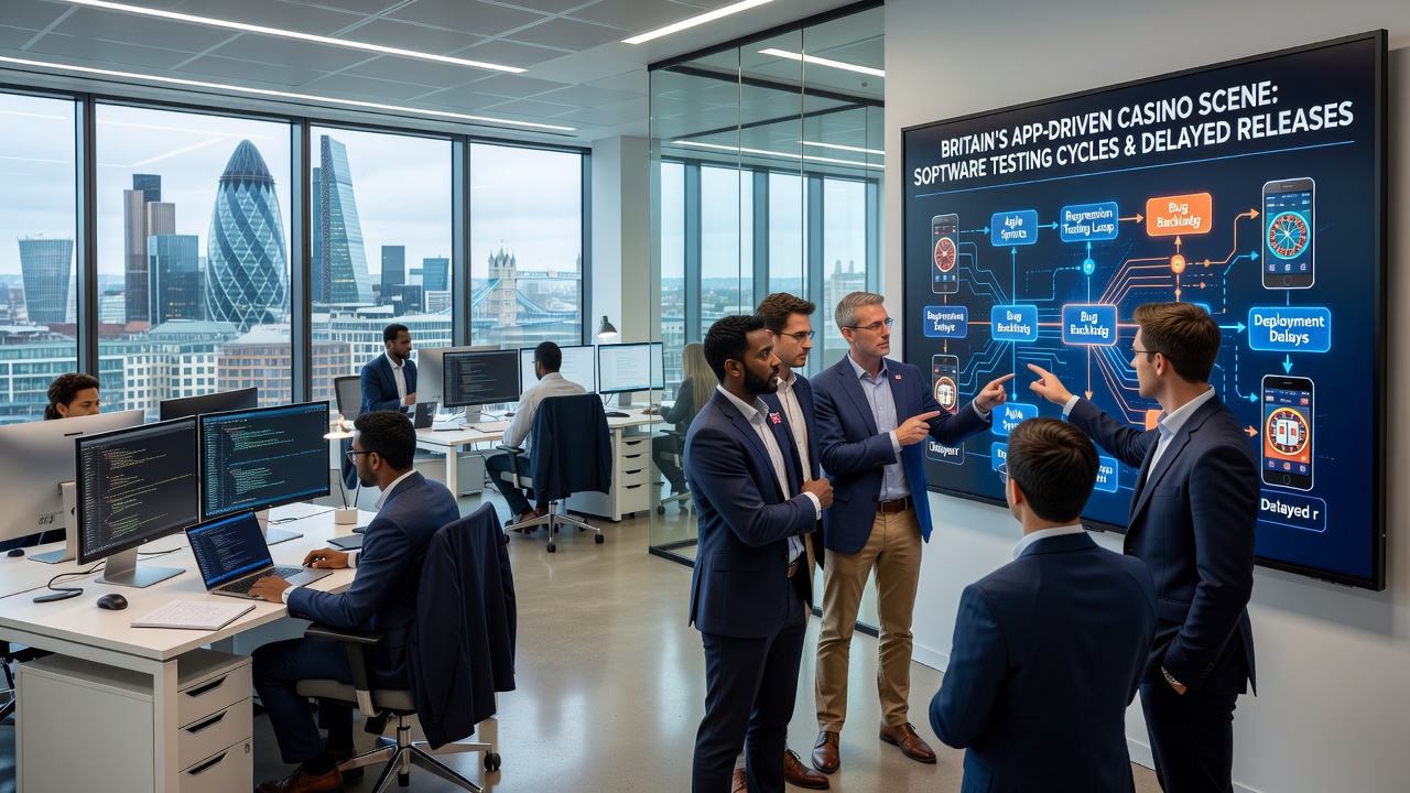 Developers reviewing casino app code and reward system timelines on multiple monitors in a testing lab